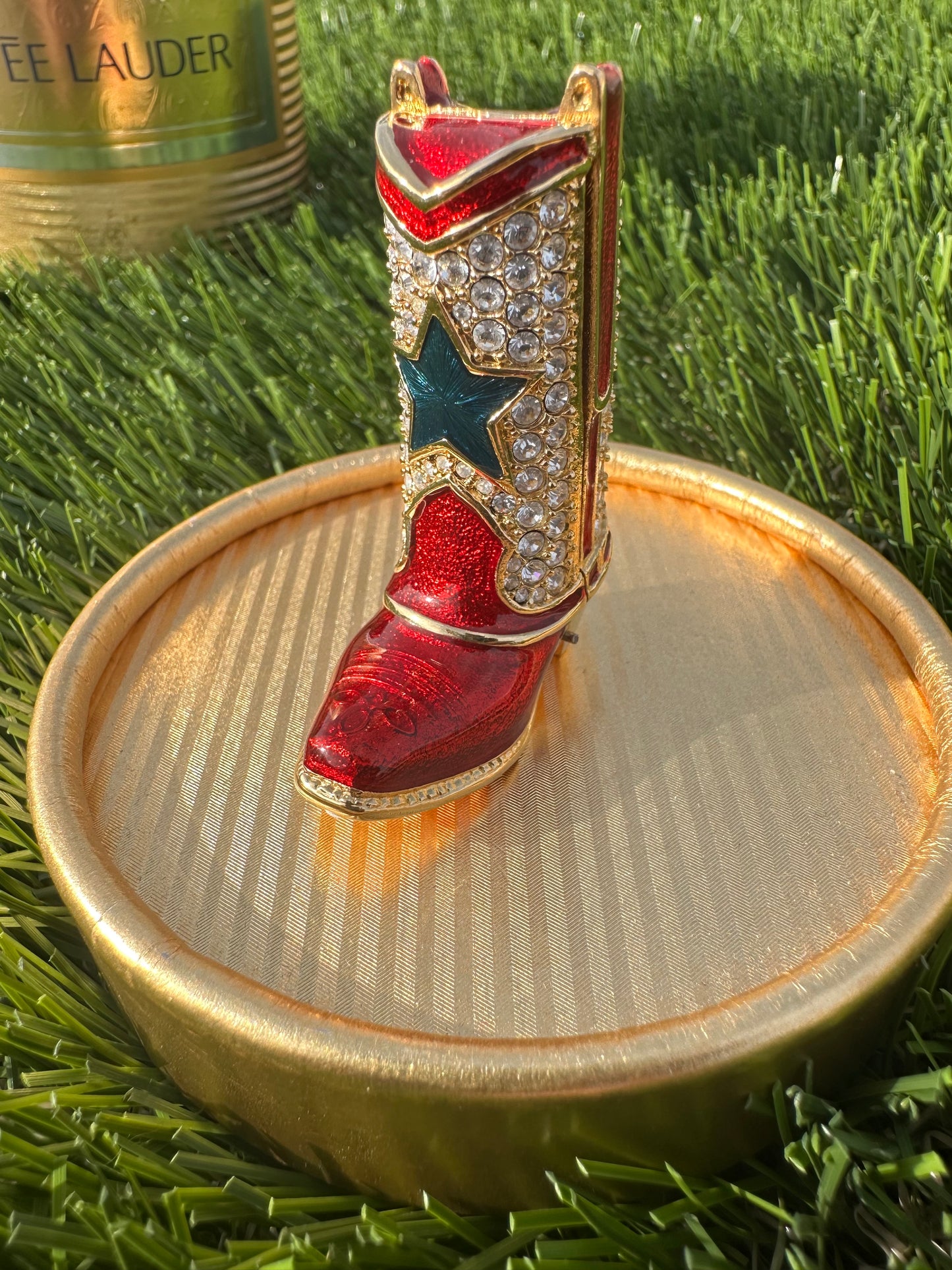 Estée Lauder Cowboy Boot Solid Perfume Compact Trinket with Spinning Spur