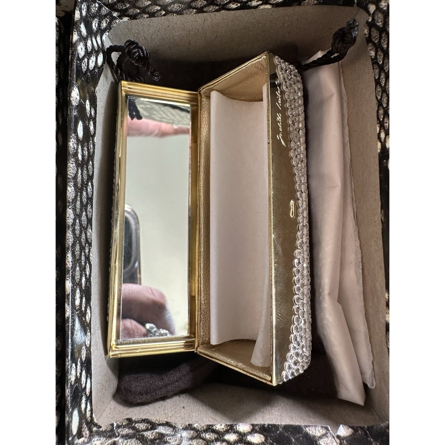 NIB Judith Leiber Swarovski Crystal Floral Minaudiere Set Purse Compact Mirror