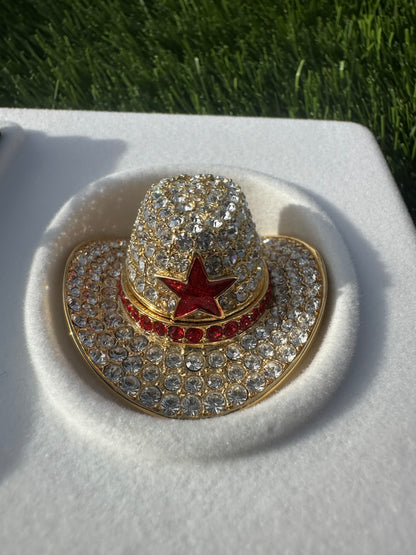 Estée Lauder Dazzling Gold Cowboy Hat Solid Perfume Compact with Red Crystal Star
