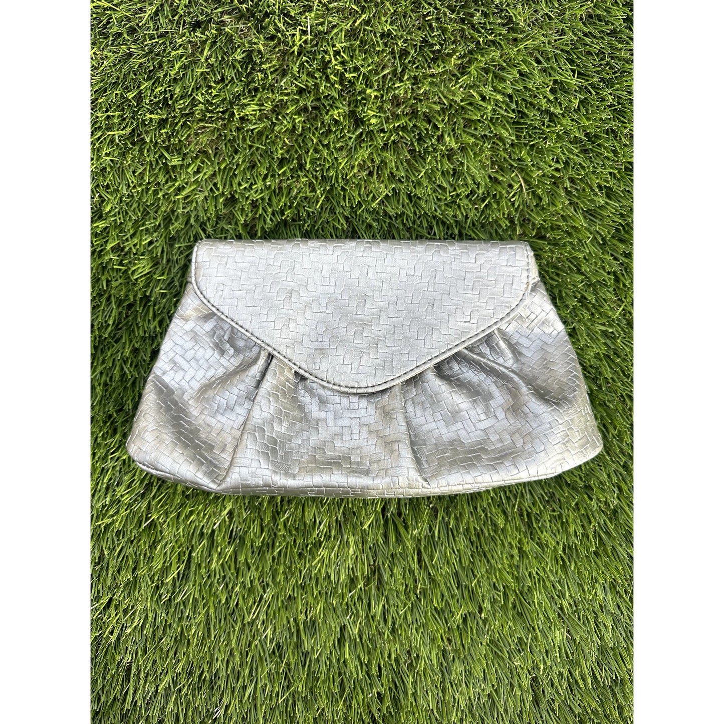 Vintage Neiman Marcus Metallic Silver Woven Clutch - Tuck-Away Shoulder Strap