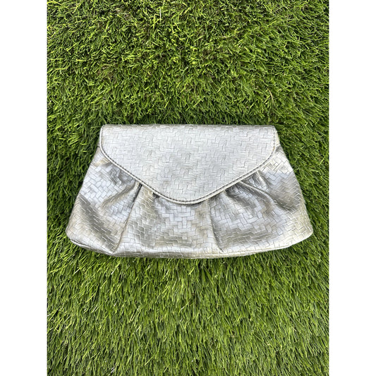Vintage Neiman Marcus Metallic Silver Woven Clutch - Tuck-Away Shoulder Strap