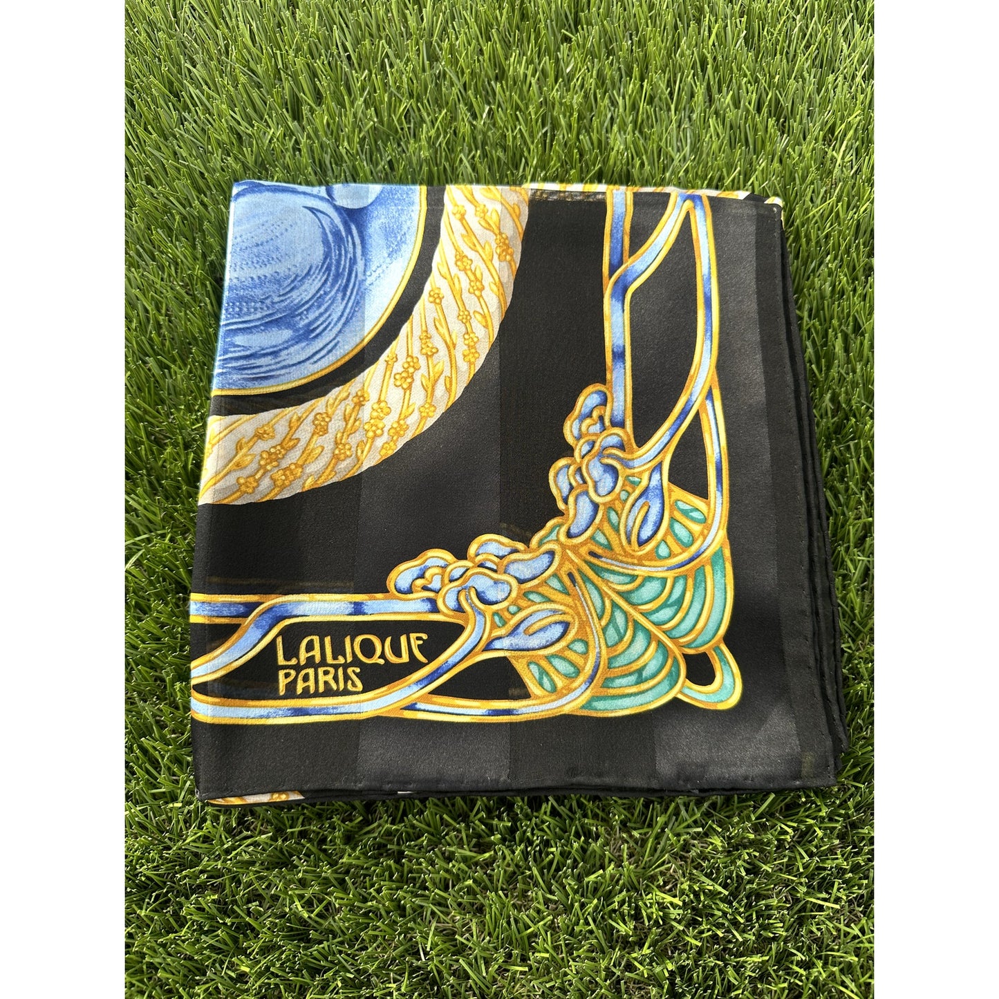 LALIQUE PARIS Silk Scarf "Le Baiser" The Kiss Black Cobalt Blue 85cm NIB Auth