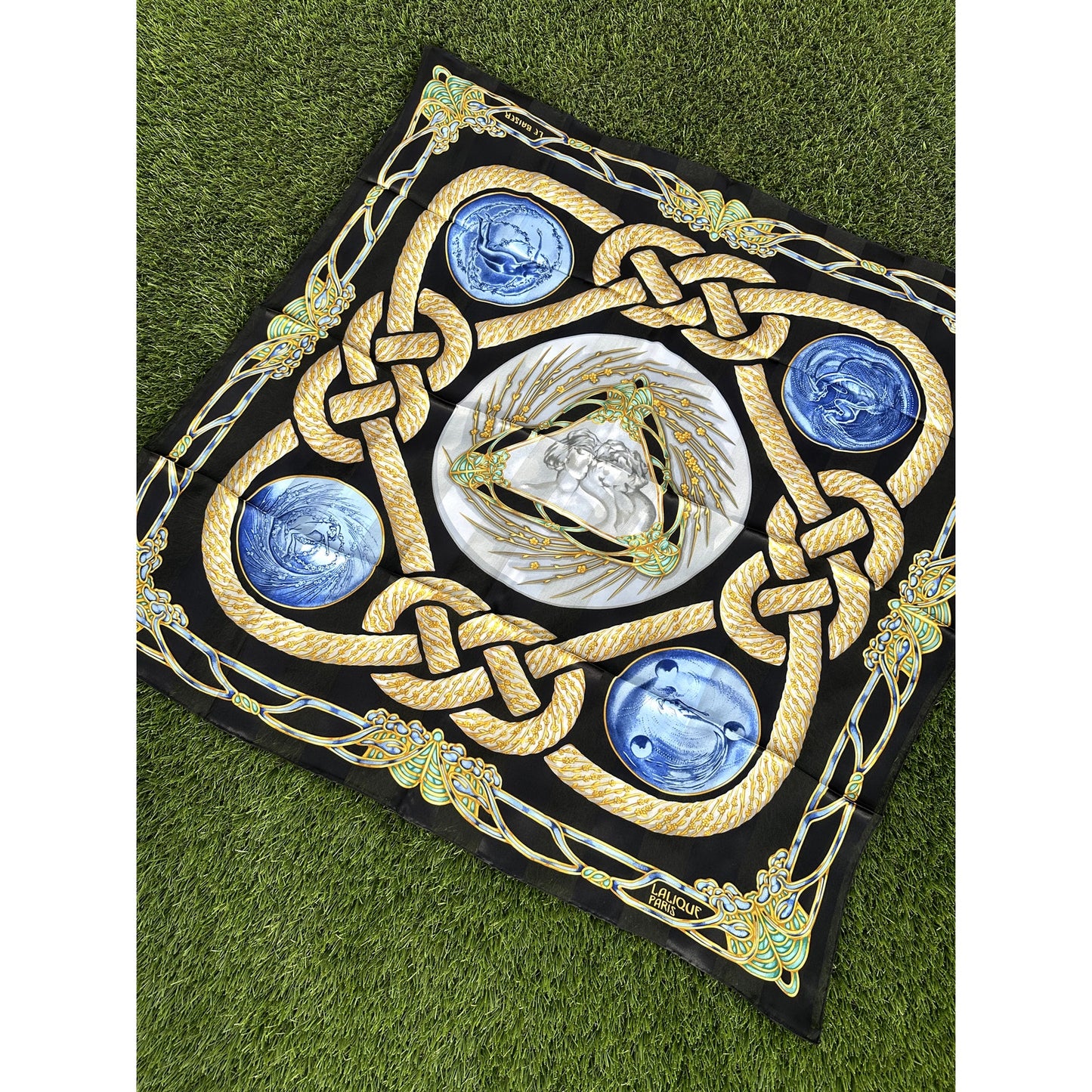 LALIQUE PARIS Silk Scarf "Le Baiser" The Kiss Black Cobalt Blue 85cm NIB Auth