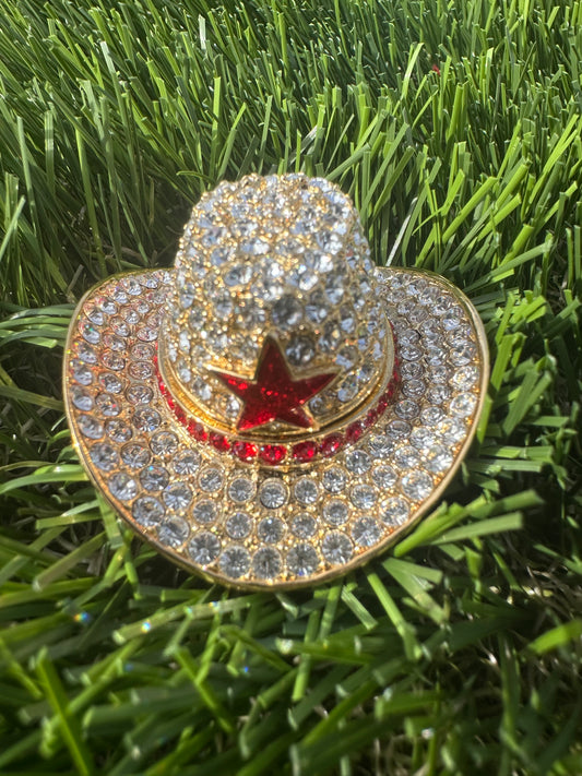 Estée Lauder Dazzling Gold Cowboy Hat Solid Perfume Compact with Red Crystal Star