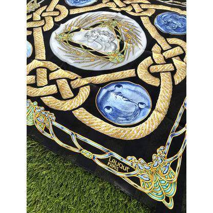 LALIQUE PARIS Silk Scarf "Le Baiser" The Kiss Black Cobalt Blue 85cm NIB Auth