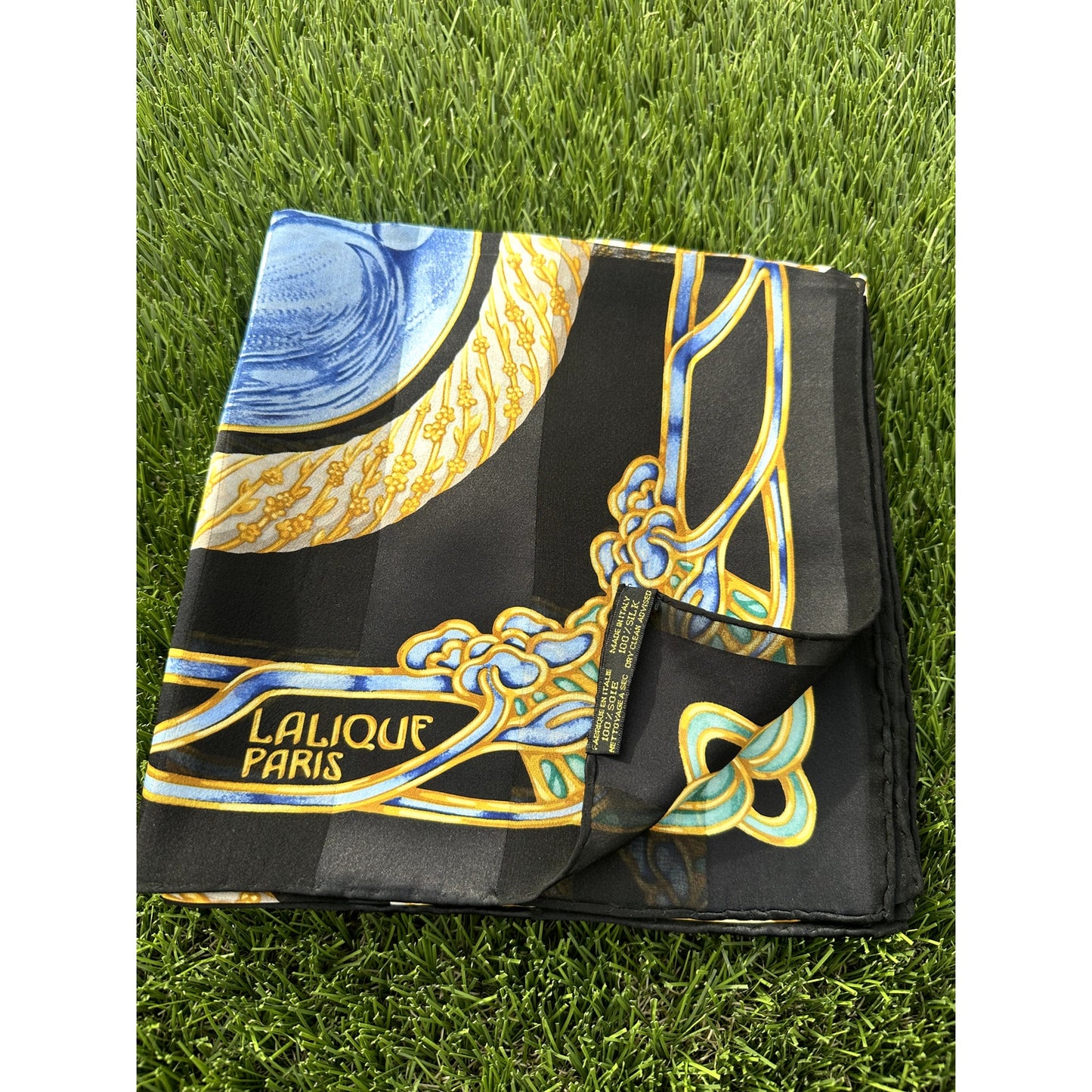 LALIQUE PARIS Silk Scarf "Le Baiser" The Kiss Black Cobalt Blue 85cm NIB Auth