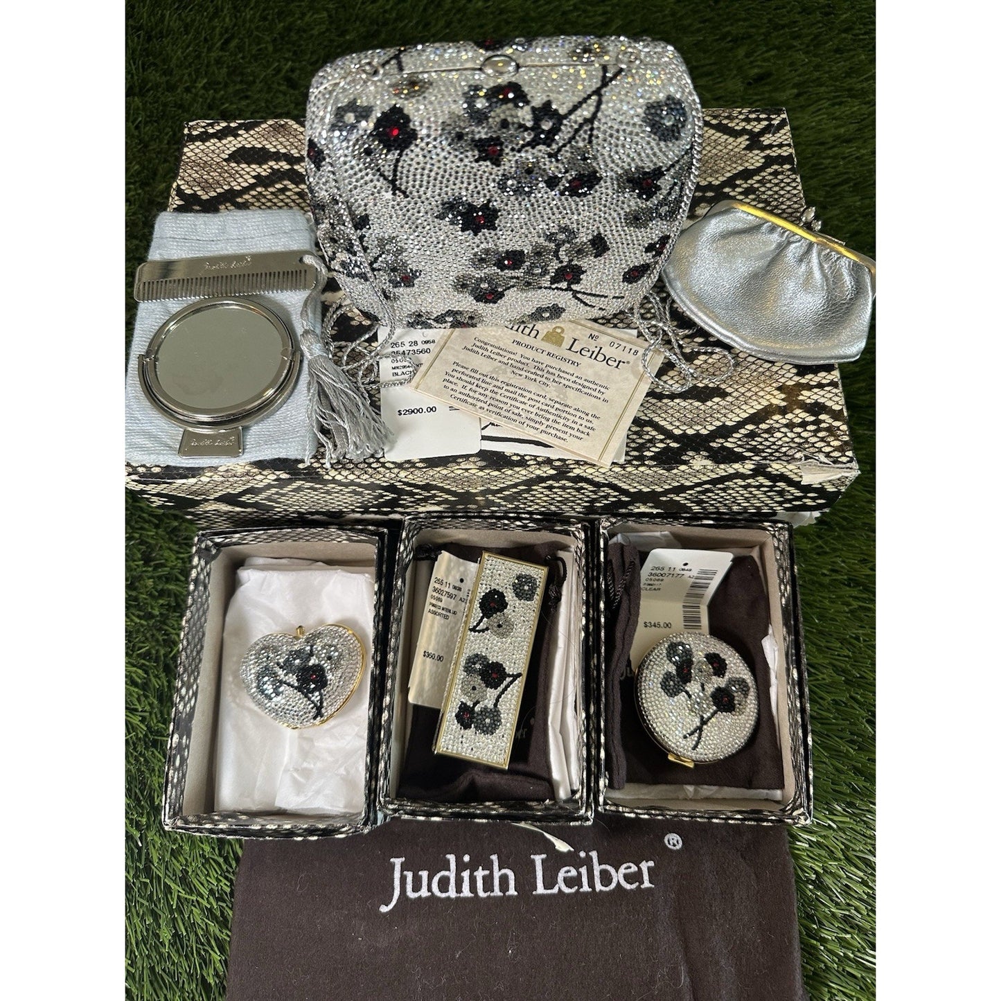 NIB Judith Leiber Swarovski Crystal Floral Minaudiere Set Purse Compact Mirror